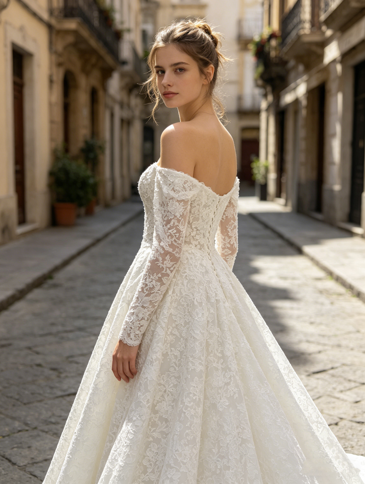 CS389 Elegant Off-the-Shoulder Lace A-Line Wedding Dress with Corset Bodice