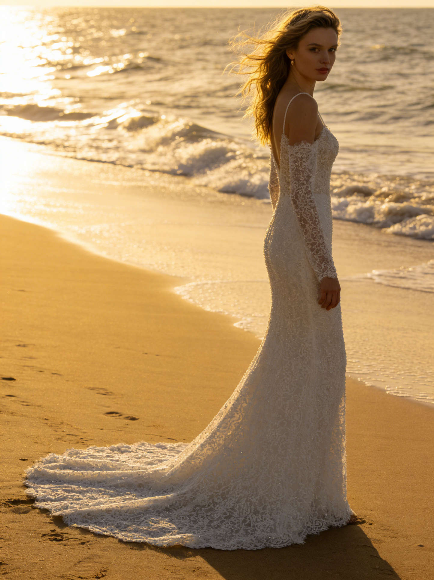 CS208  Luxury Beaded Lace Off-the-Shoulder Mermaid Wedding Dress with Detachable Long Sleeves