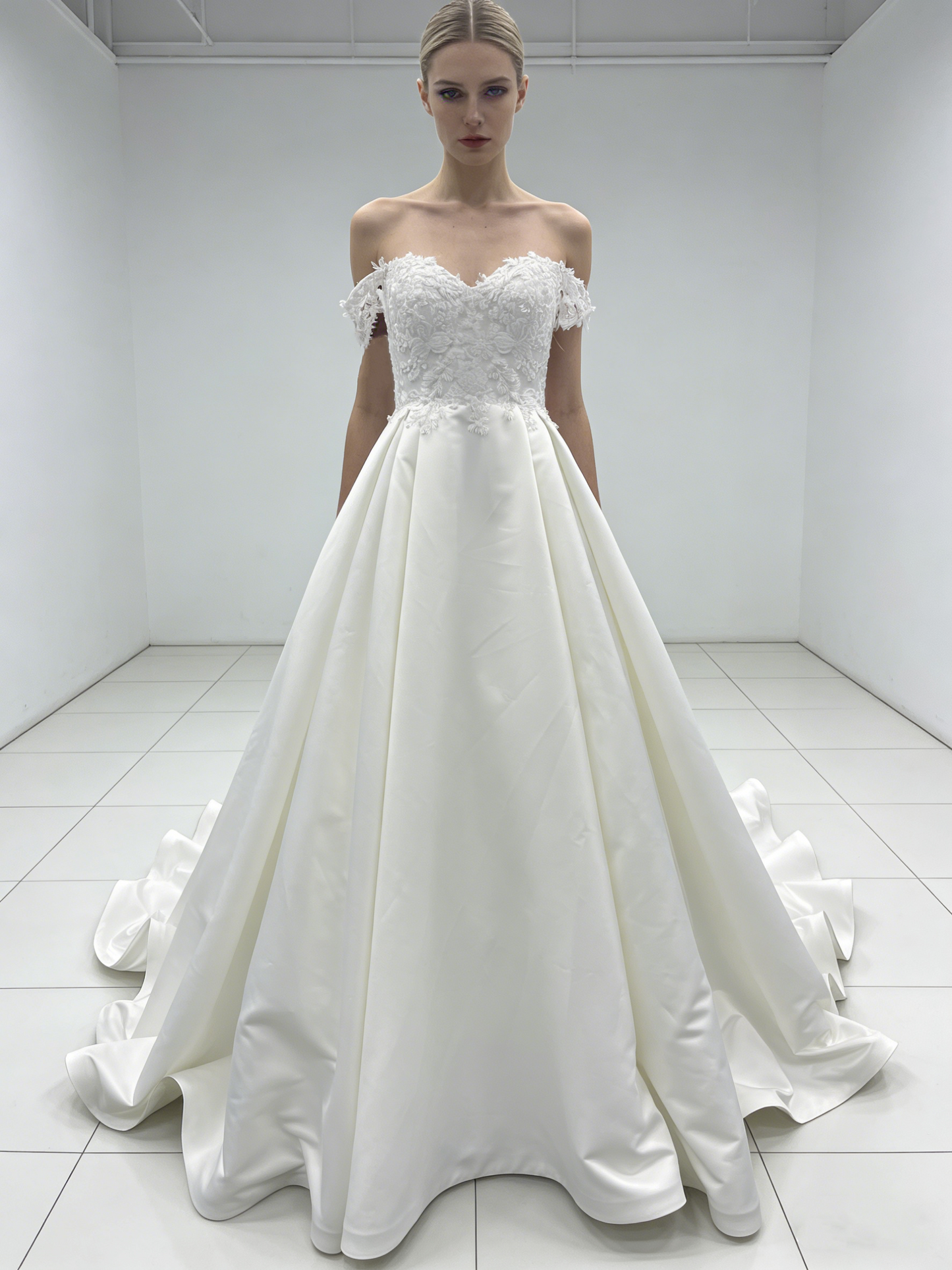 Elegant Off-the-Shoulder Satin A-Line Wedding Dress with Lace Bodice LJX228 Bridal Gown