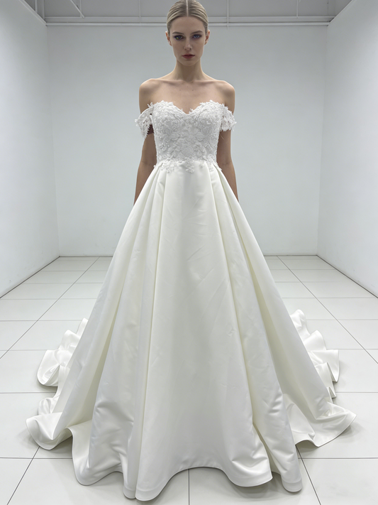 Elegant Off-the-Shoulder Satin A-Line Wedding Dress with Lace Bodice LJX228 Bridal Gown