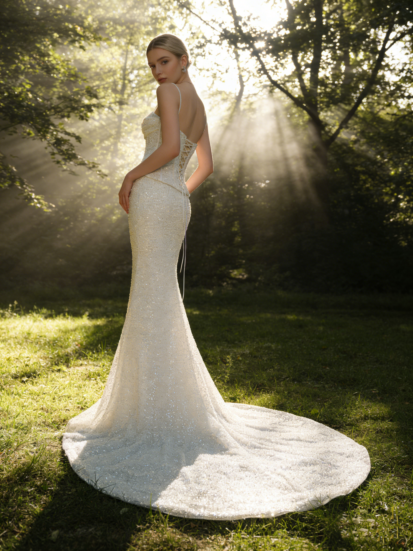 ZT025A Luxury Sparkle Mermaid Wedding Dress with Lace-Up Corset & Sequined Train