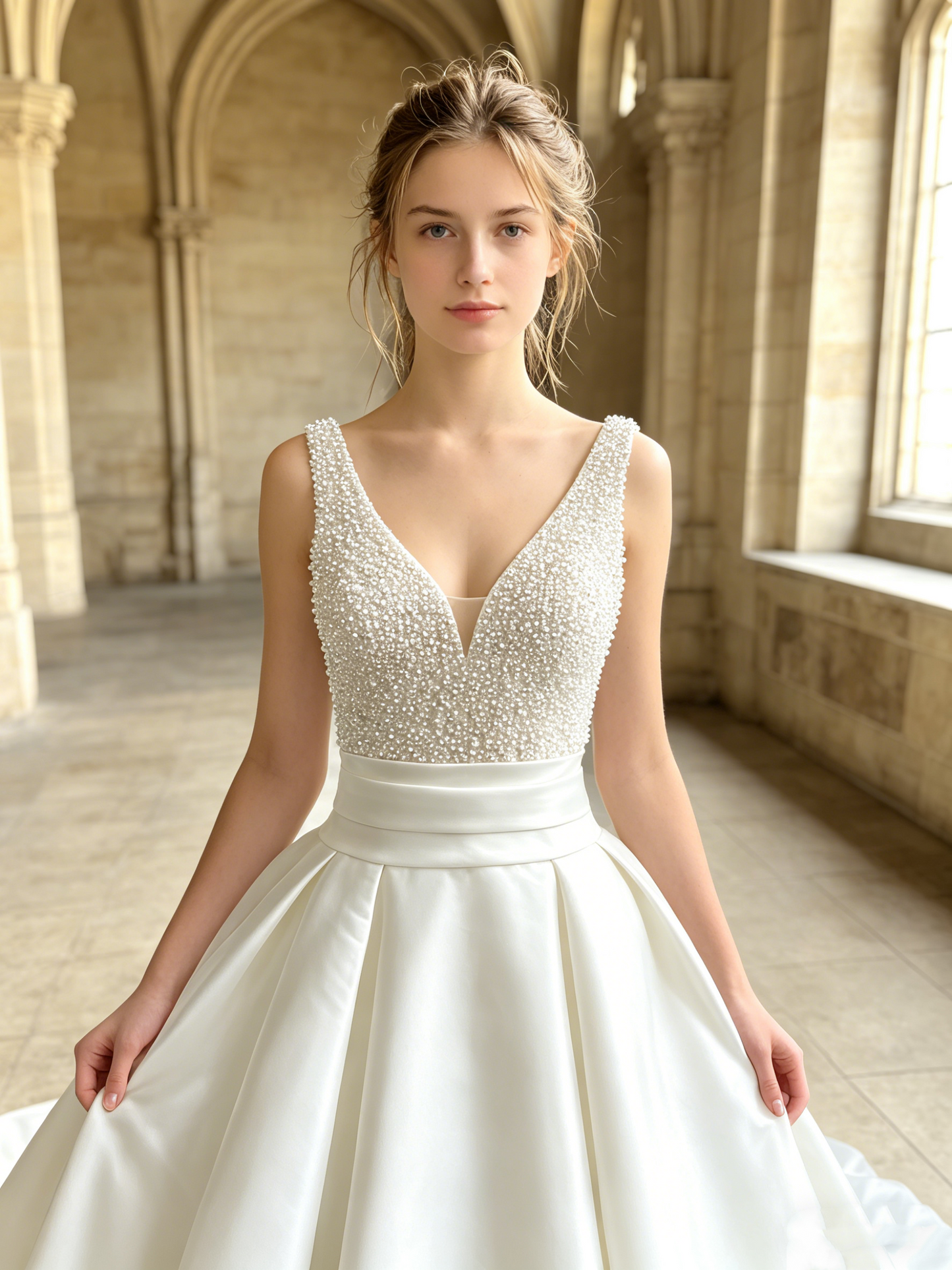 CS272 Luxury Pearl Beaded Satin Ball Gown Wedding Dress with Deep V-Neck & Chapel Train