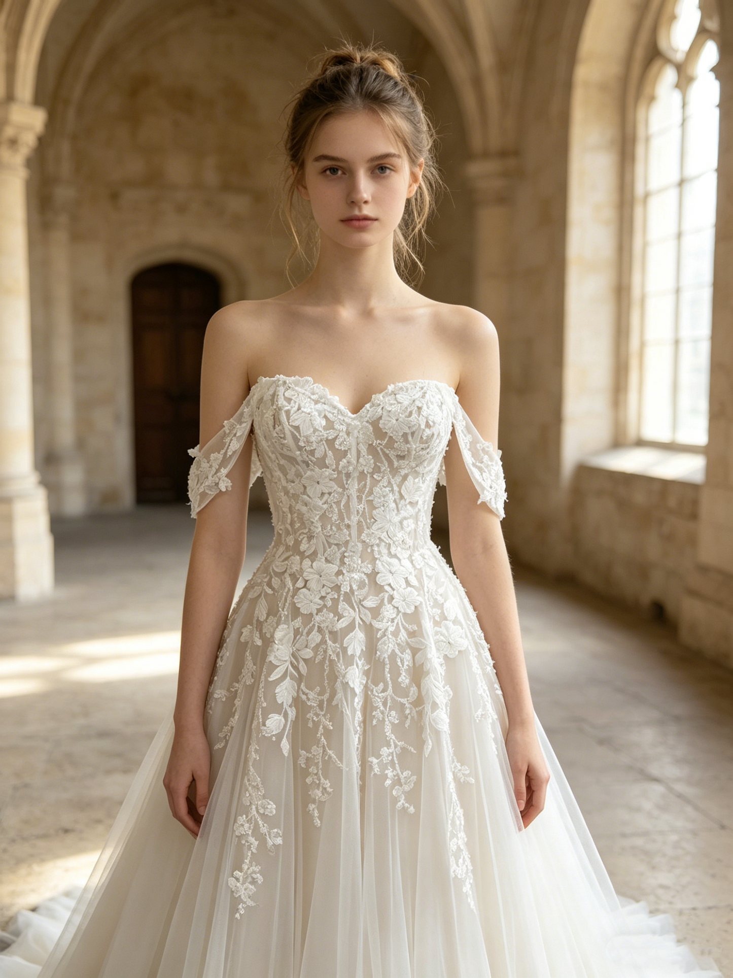 CS309 Romantic Off-the-Shoulder A-Line Wedding Dress with Floral Lace