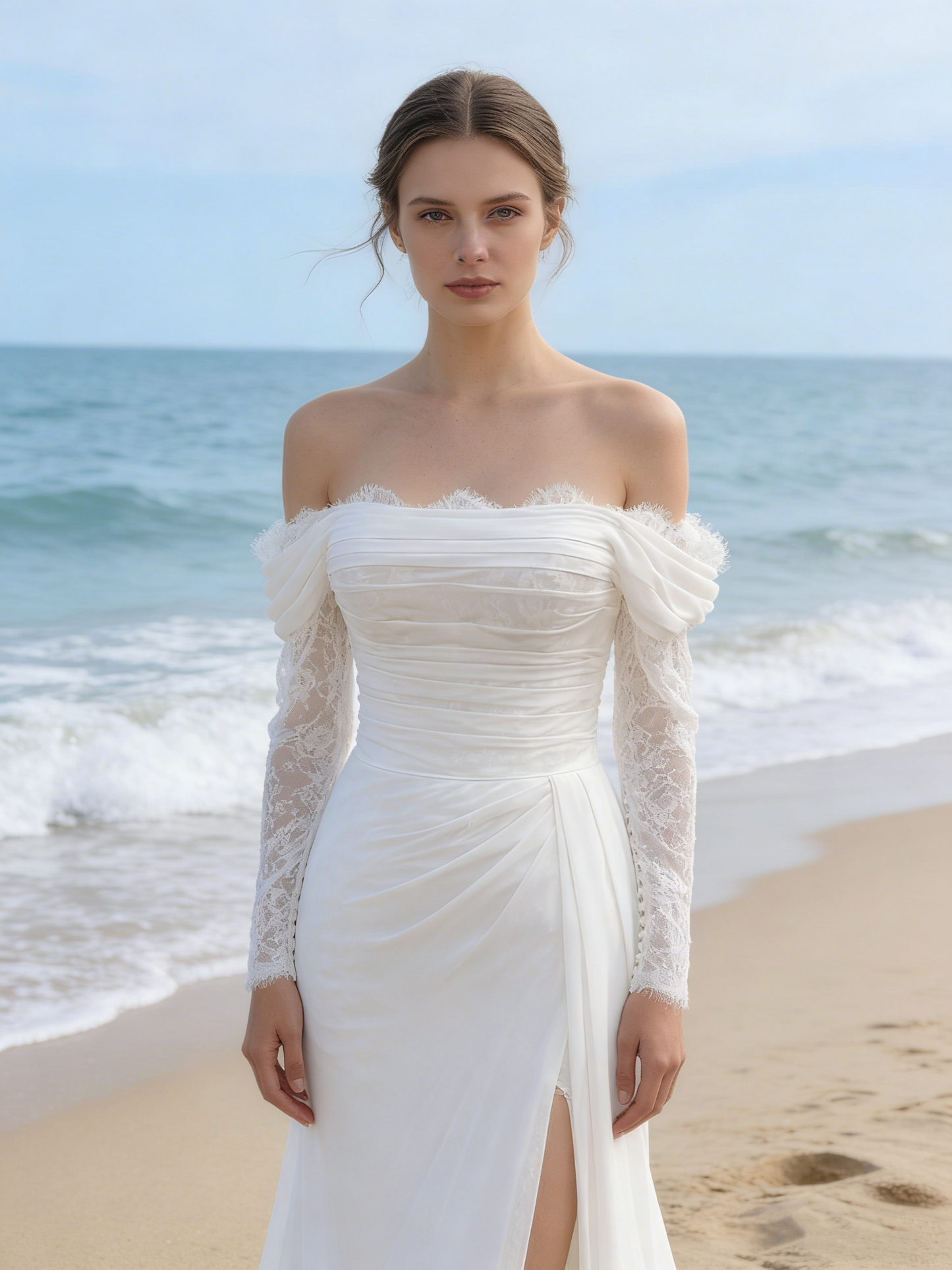 CS122 Elegant Off-the-Shoulder Mermaid Wedding Dress with Lace Long Sleeves & Slit