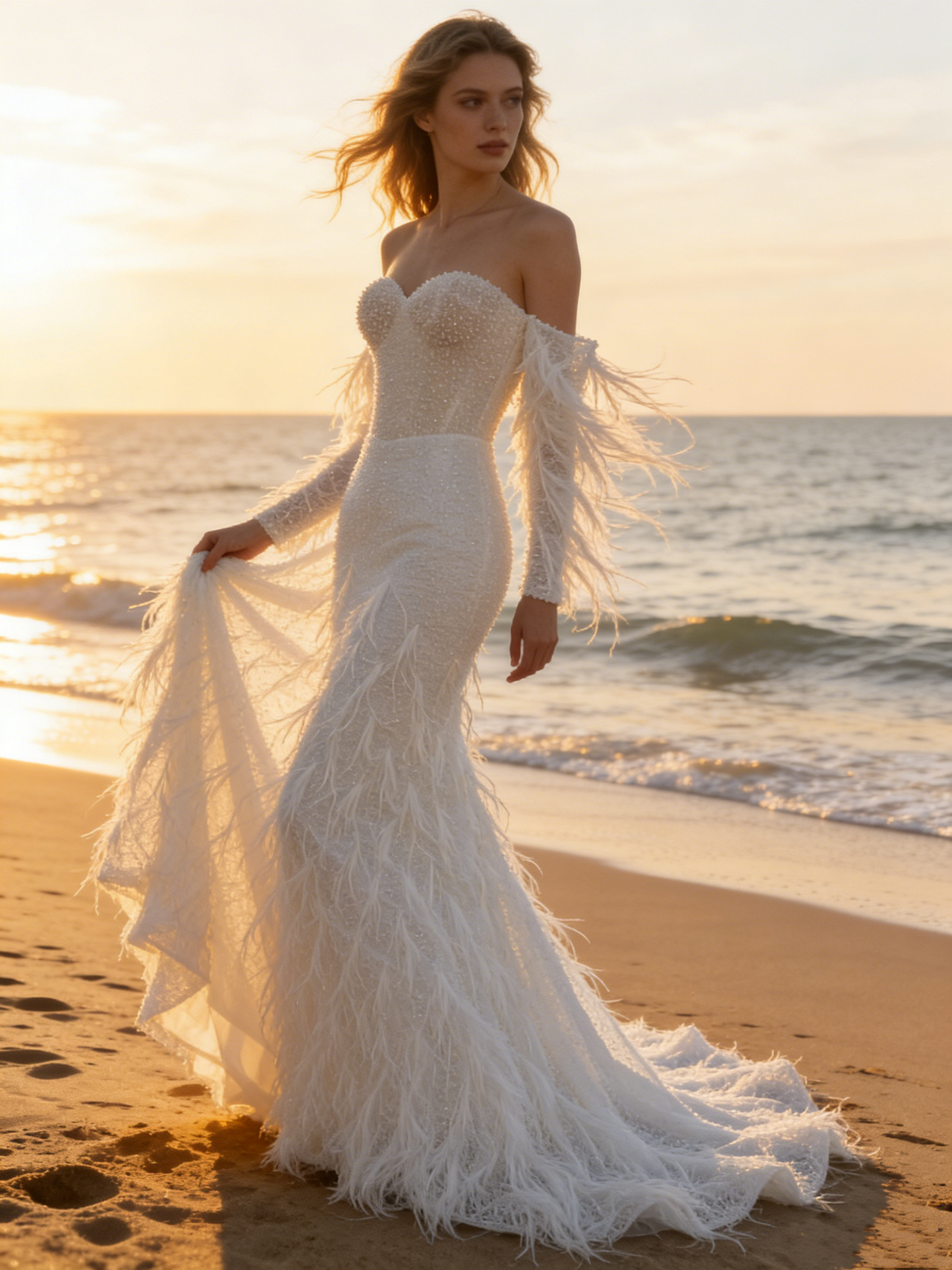 CS220 Luxury Beaded Mermaid Wedding Dress with Detachable Feather Sleeves