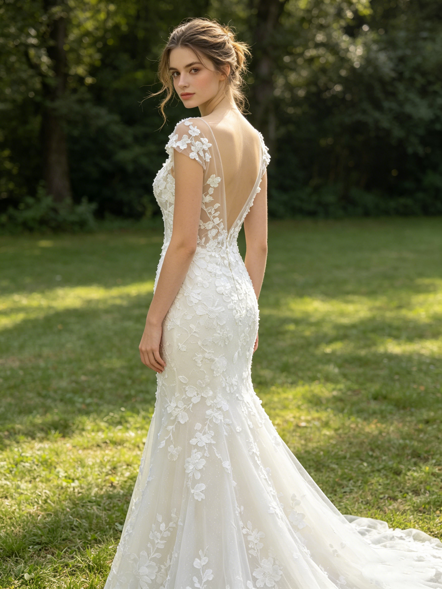 CS278 Romantic 3D Floral Lace Mermaid Wedding Dress with Illusion Neckline & Cap Sleeves