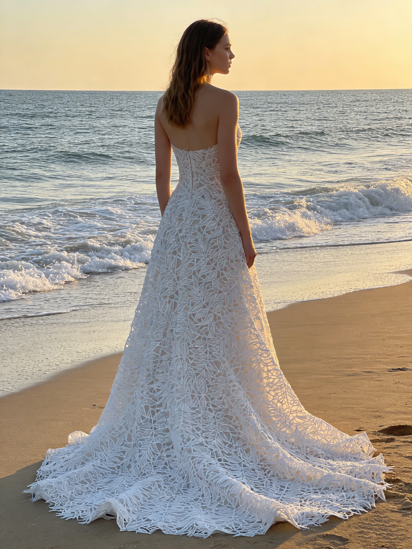 CS186  Tropical Leaf Lace A-Line Wedding Dress with Strapless Sweetheart Neck & Chapel Train