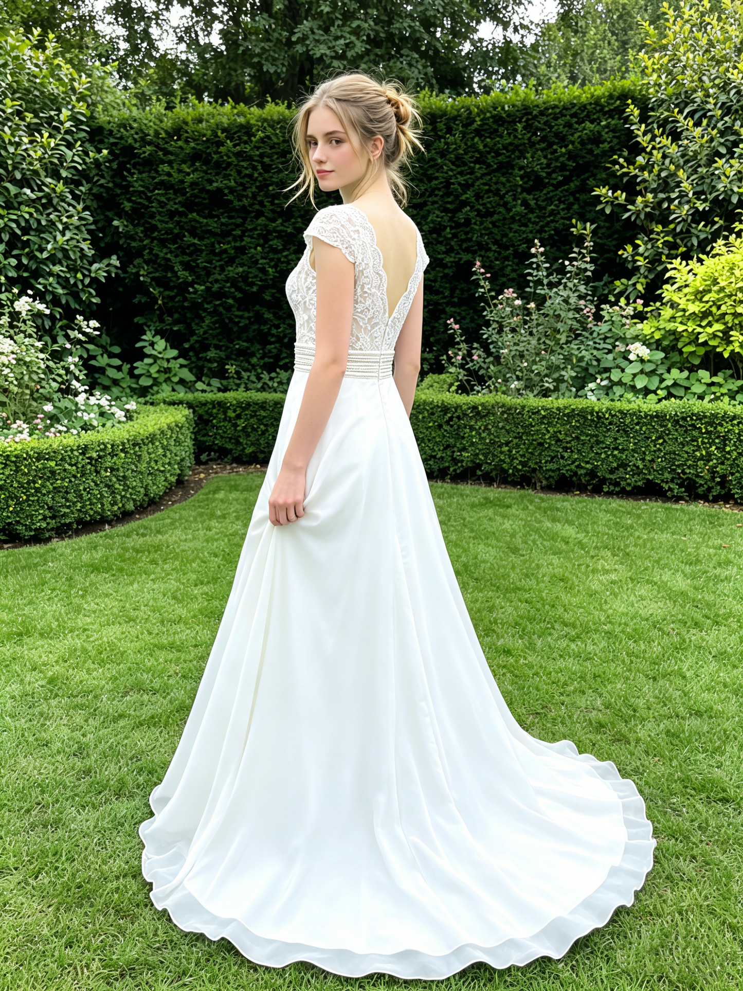 CS268 Romantic Lace & Chiffon A-Line Wedding Dress with Plunging V-Neck & Beaded Waistband