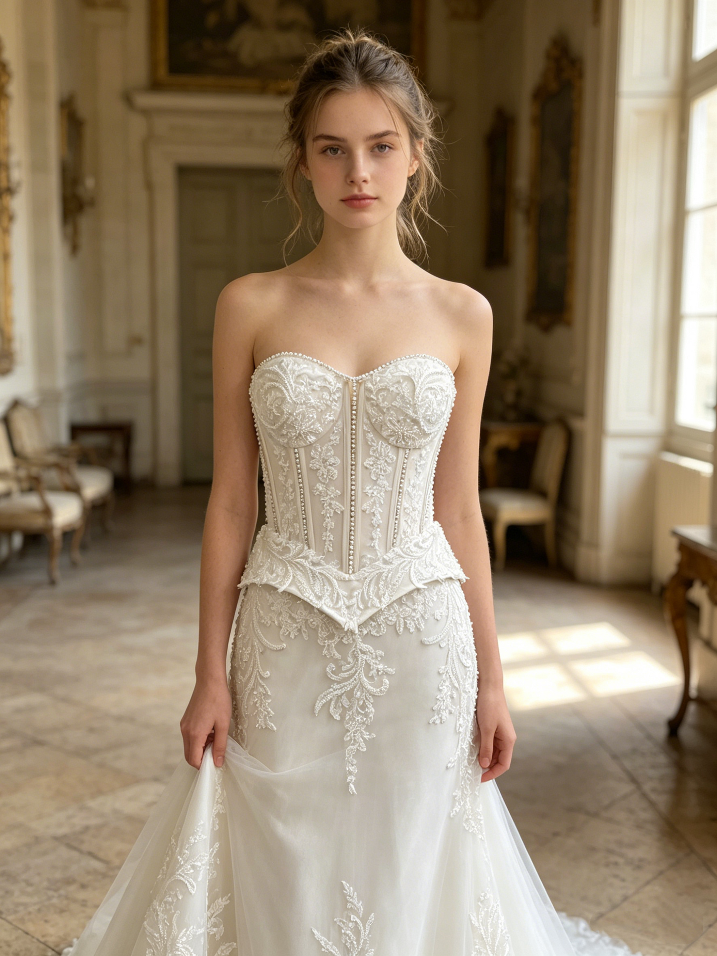 CN346 Beaded Lace Mermaid Wedding Dress with Corset Bodice & Peplum