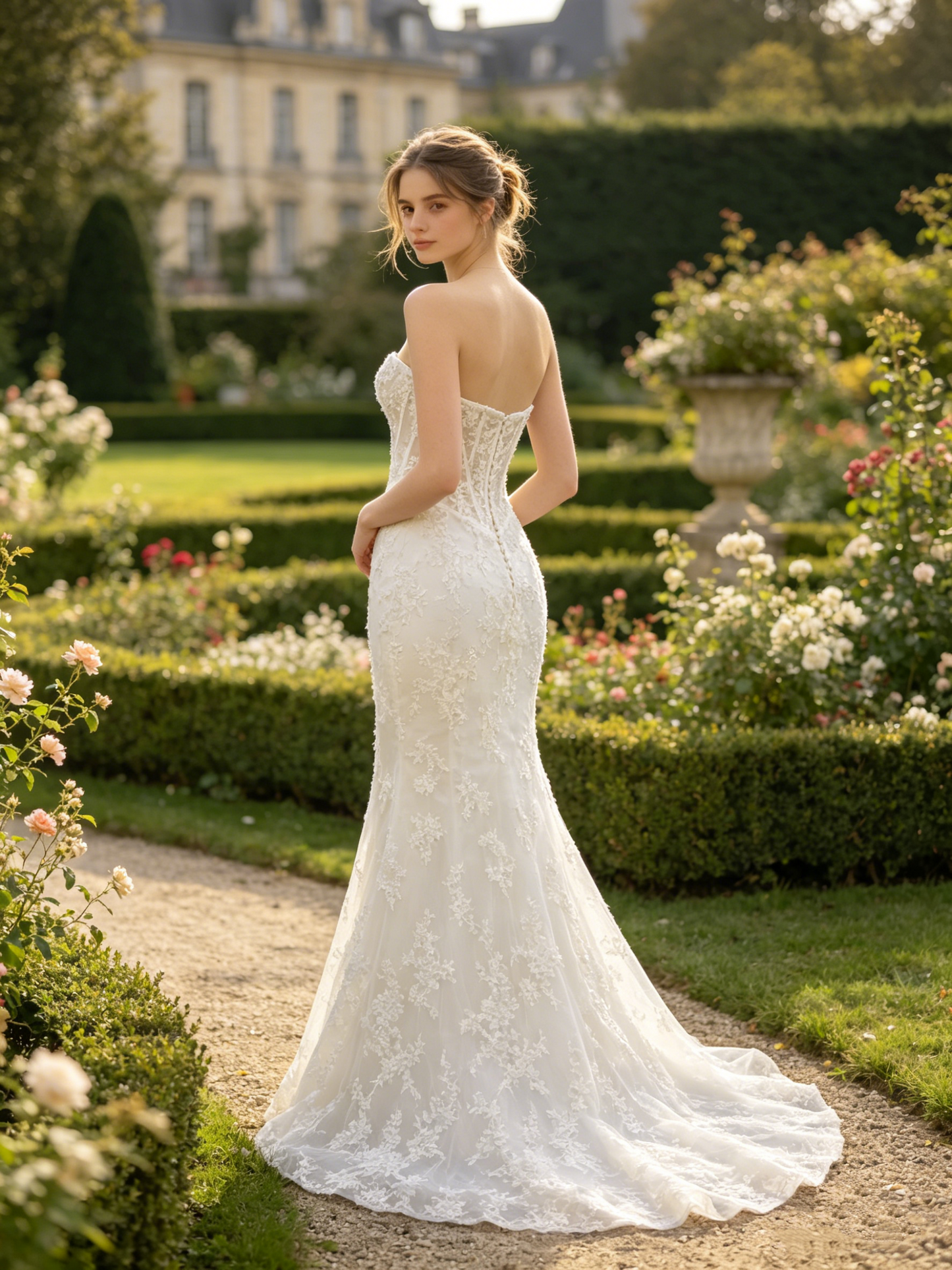 CN319 Strapless Sweetheart Mermaid Wedding Dress with Sheer Corset Bodice & Detachable Sleeves