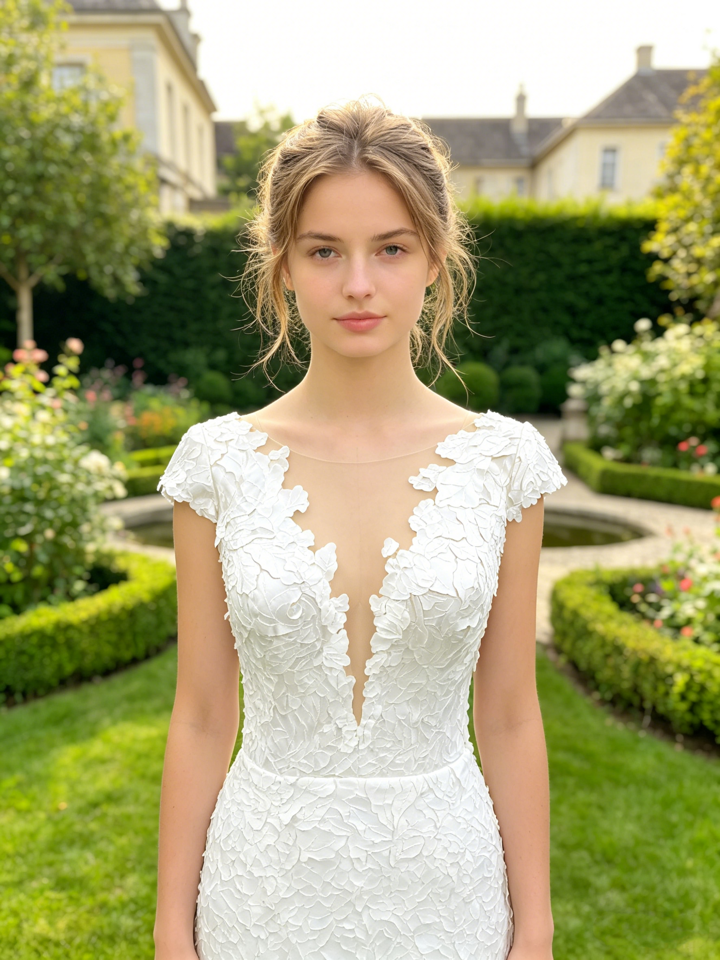 CS263 Elegant Satin Mermaid Wedding Dress with Plunging V Back & 3D Floral Applique