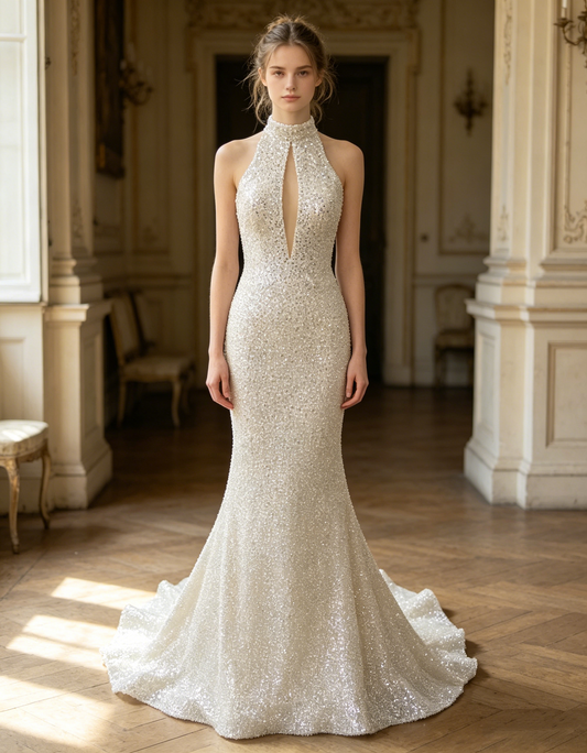 CS352 Halter Neck Beaded Mermaid Wedding Dress with Keyhole Cutout & Low Back