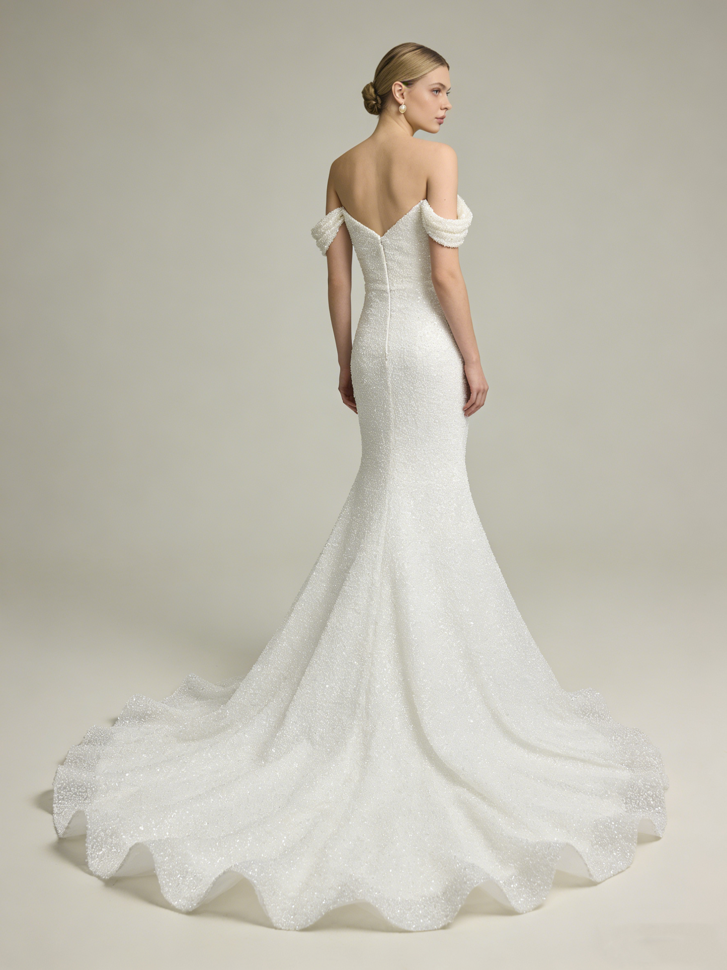 LJX226 Off-the-Shoulder Beaded Mermaid Wedding Dress with Sparkle Tulle Train