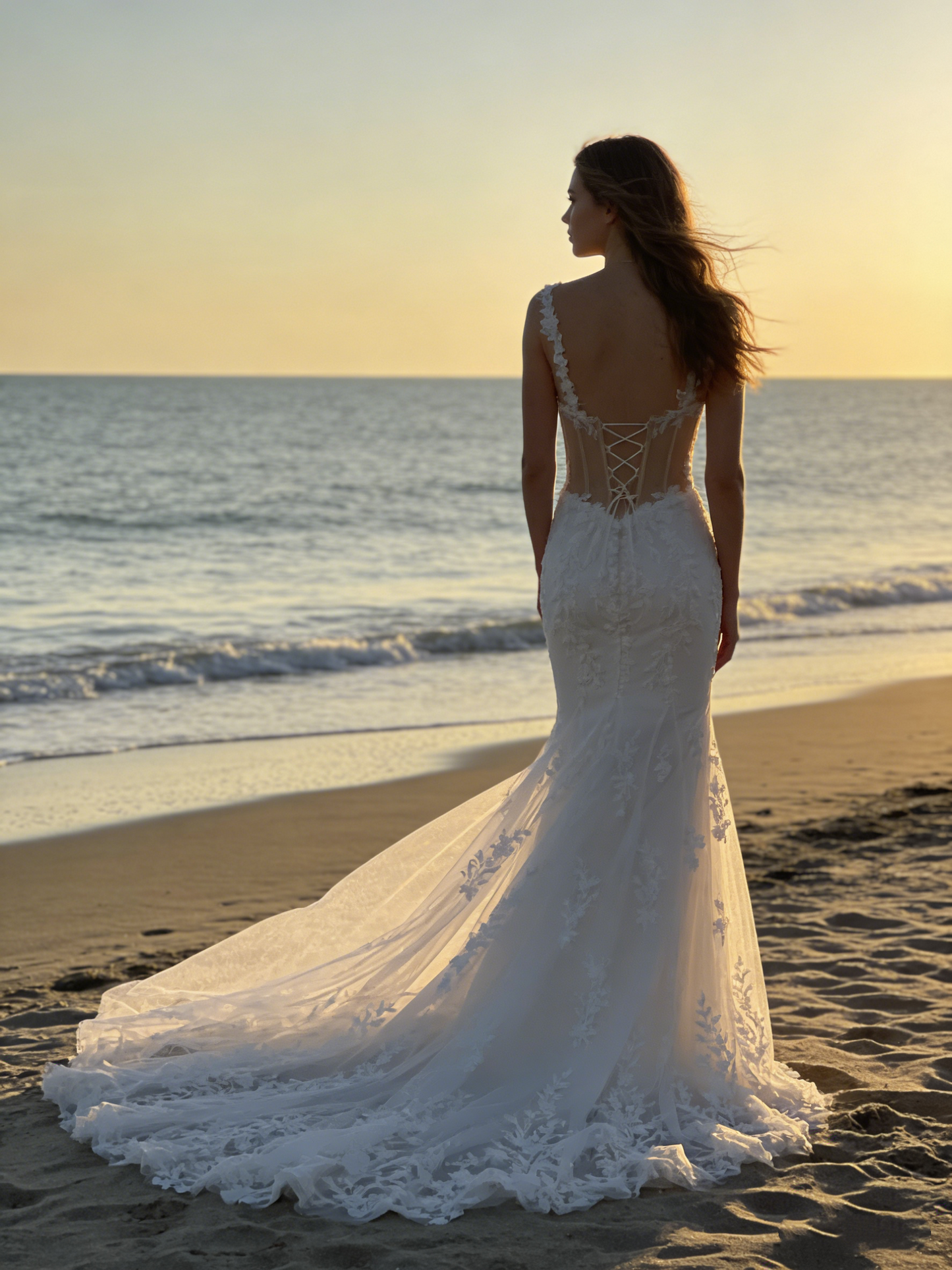 CS178 Luxury Spaghetti Strap Lace Mermaid Wedding Dress with Corset Back & Beaded Detailing