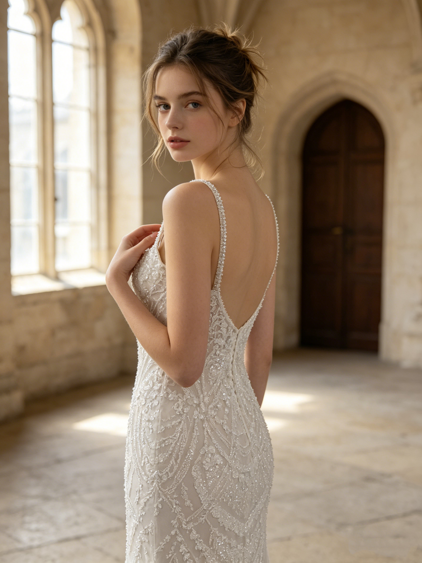 CN352B Beaded Mermaid Wedding Dress with Square Neckline & Pearl Straps