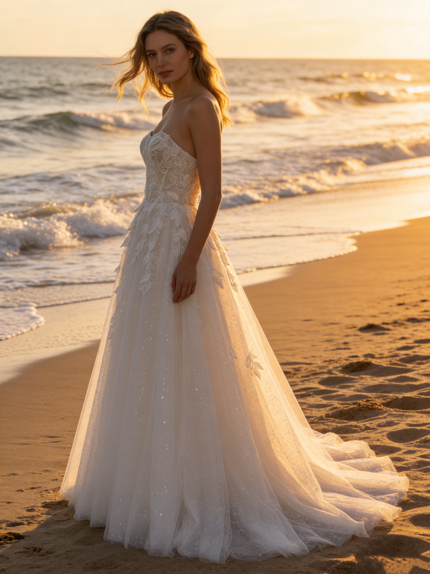 CS147 Romantic Leaf Lace Strapless A-Line Wedding Dress with Button Back & Ruffled Train