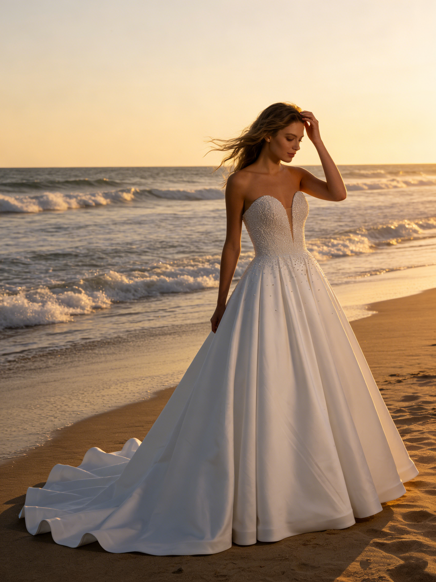 CS211  Elegant Satin A-Line Wedding Dress with Pearl-Embellished Corset Bodice