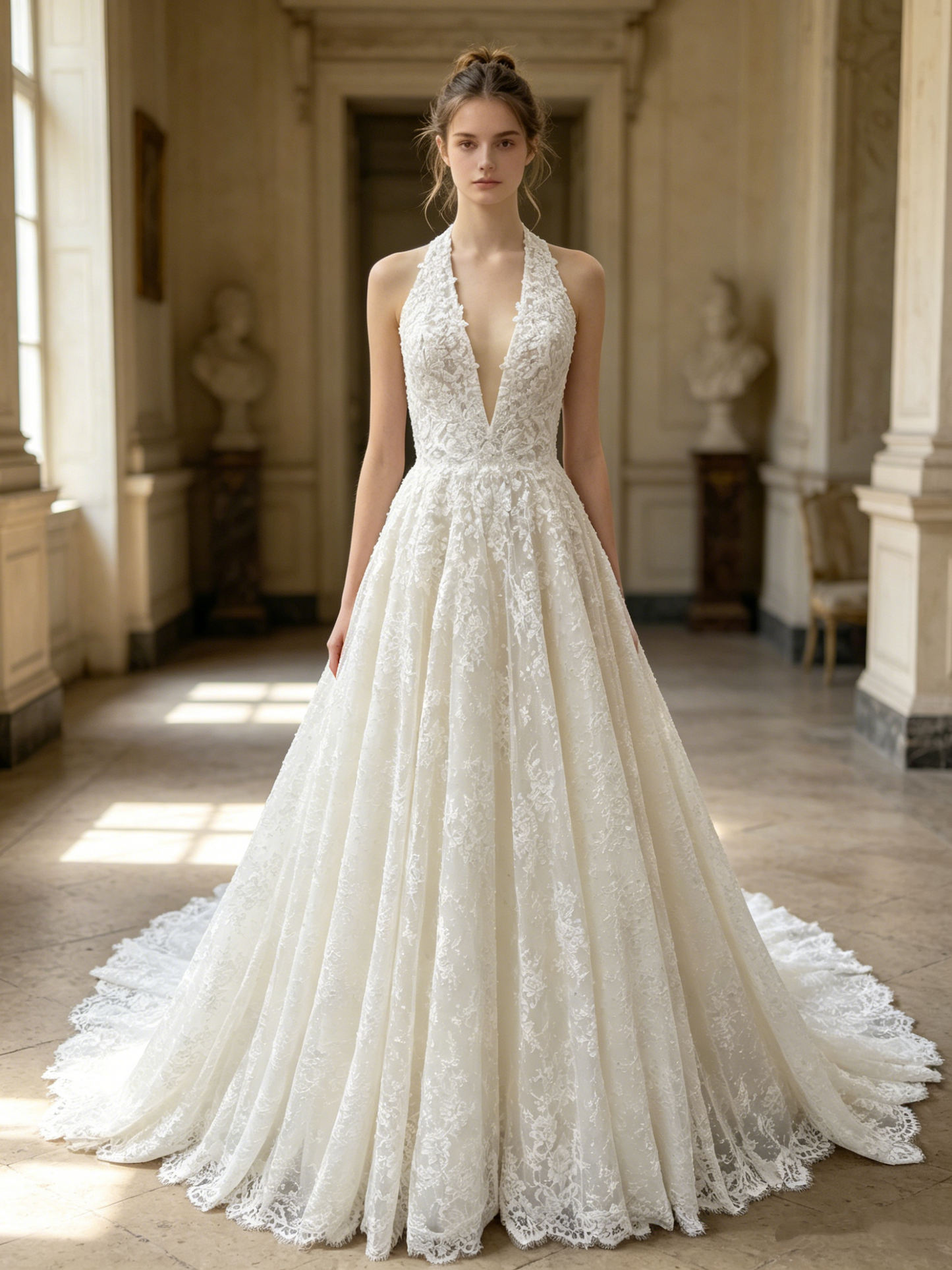 CS382 Halter Neck Lace A-Line Wedding Dress with Corset Back