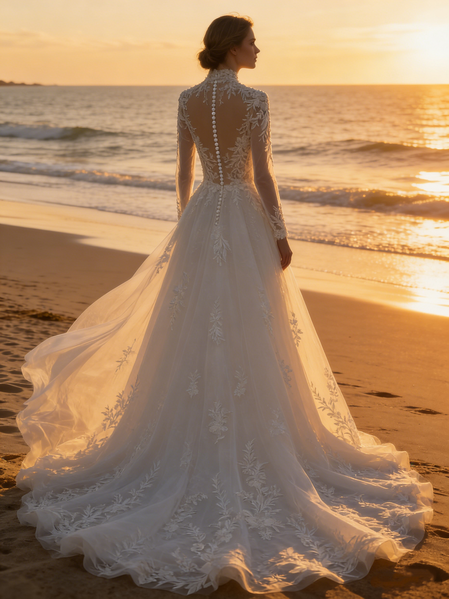 CS188  Luxury High Neck Long Sleeve Lace A-Line Wedding Dress with Illusion Back & Button Detailing