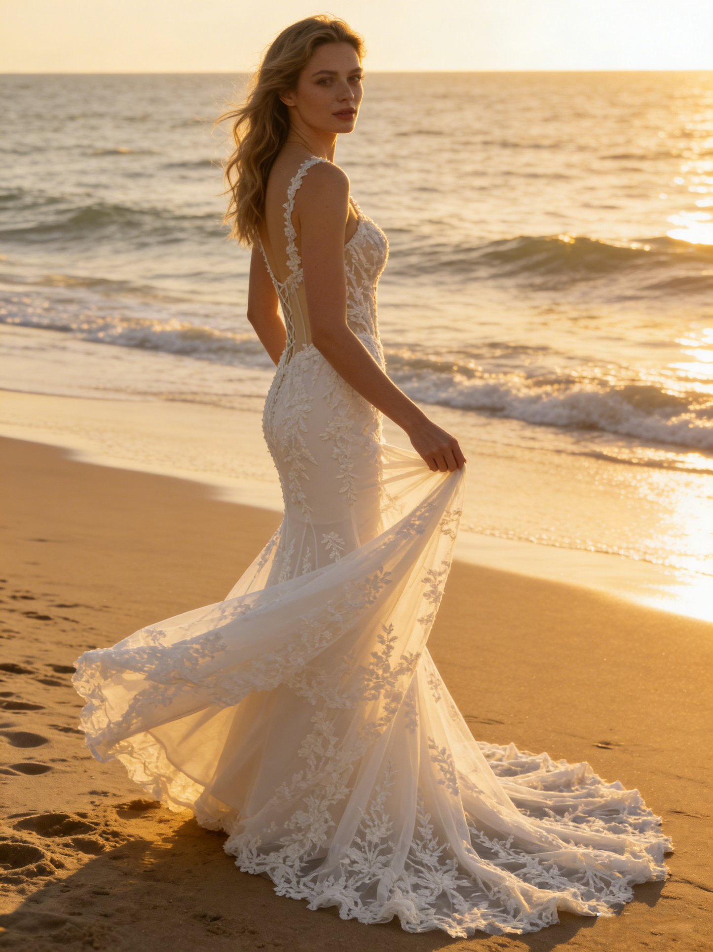 CS178 Luxury Spaghetti Strap Lace Mermaid Wedding Dress with Corset Back & Beaded Detailing