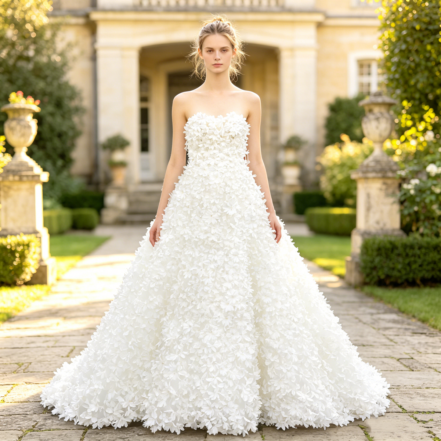 CS292 Strapless 3D Floral A-Line Wedding Dress with Pearl Accents & Chapel Train