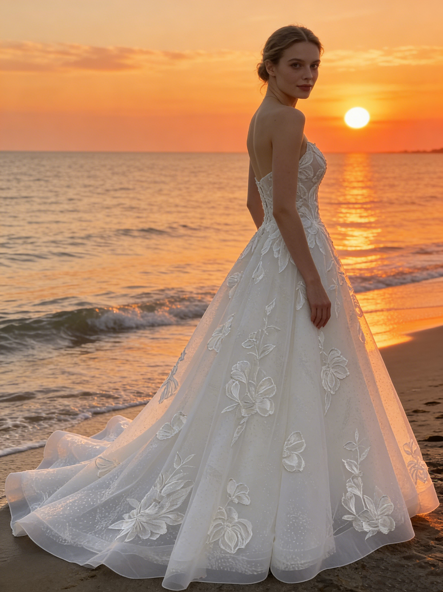 CS252  Elegant Strapless Sweetheart A-Line Wedding Dress with 3D Floral Lace & Sparkle Tulle