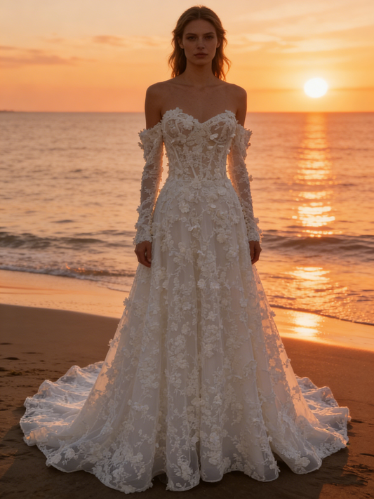 CS251 Elegant Off-the-Shoulder A-Line Wedding Dress with 3D Floral Lace & Detachable Sleeves