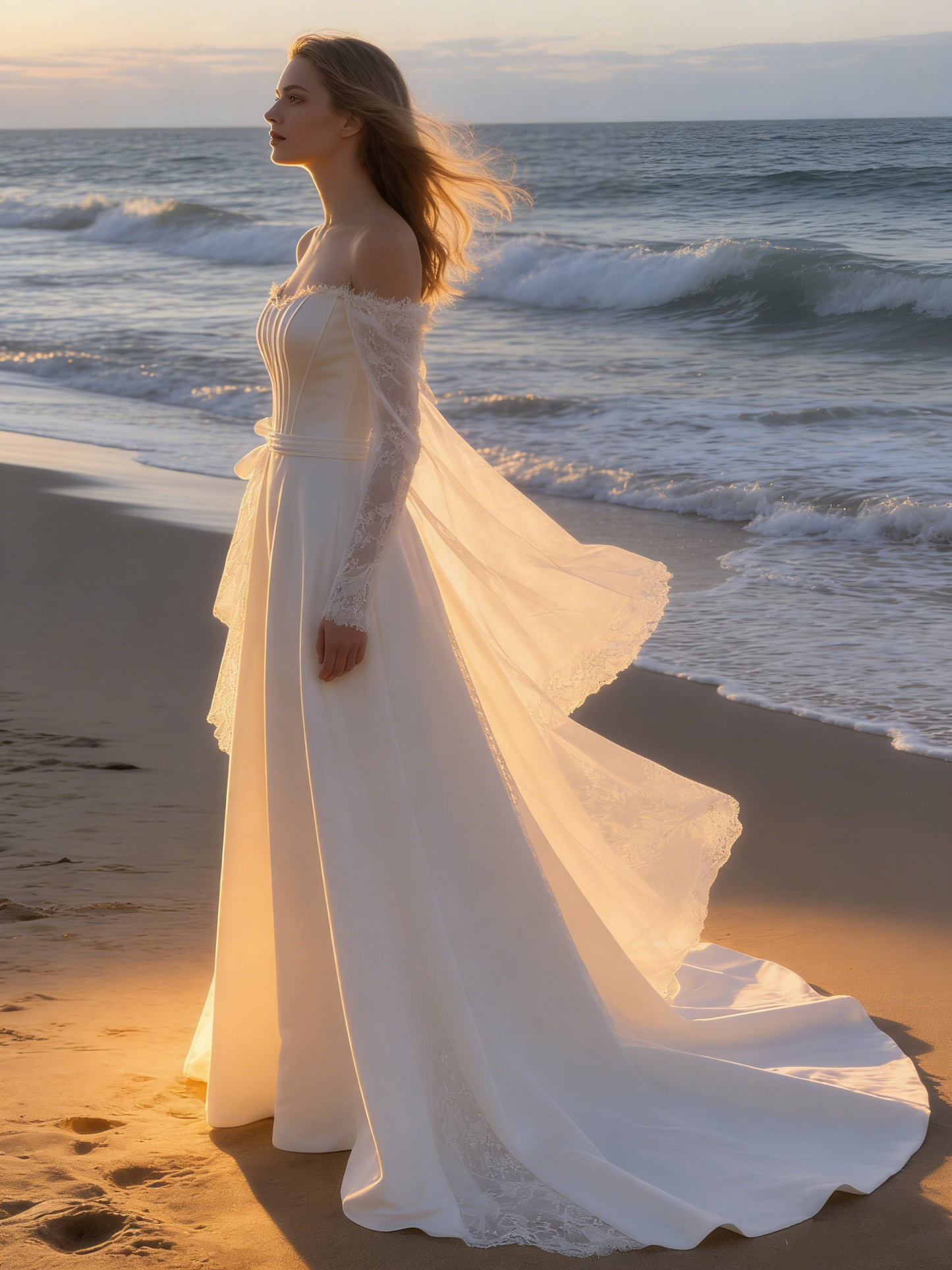 CS150 Elegant Satin A-Line Wedding Dress with Off-the-Shoulder Lace Sleeves & Corset Bodice