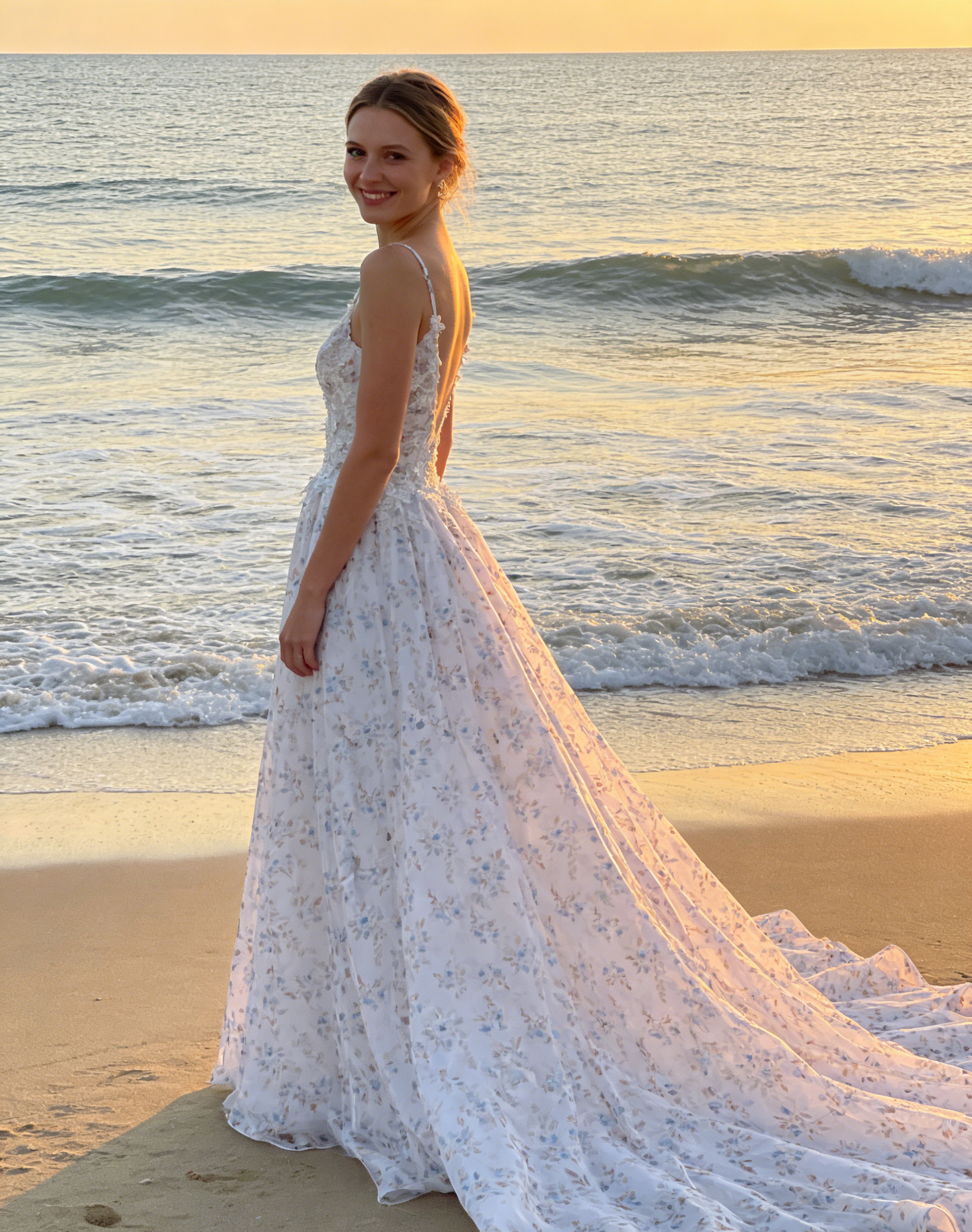 CS161 Romantic Floral Print A-Line Wedding Dress with Deep V-Neck & Open Back