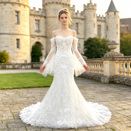 CS291 Off-the-Shoulder Floral Lace Mermaid Wedding Dress with Detachable Tulle Sleeves & Chapel Train