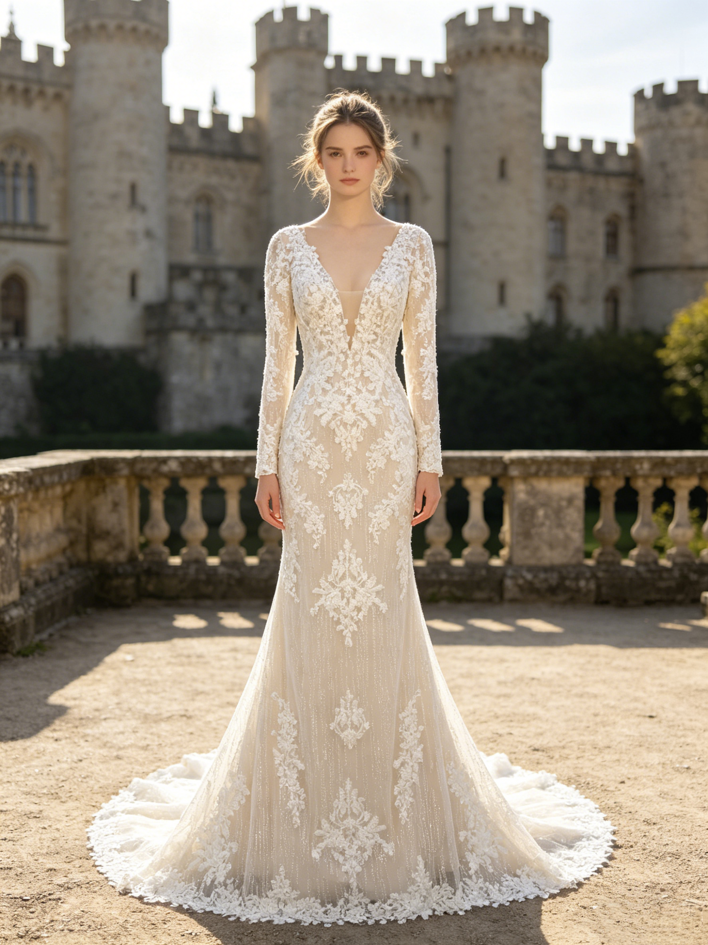 CN306 Deep V-Neck Long Sleeve Mermaid Wedding Dress with Lace Appliqués