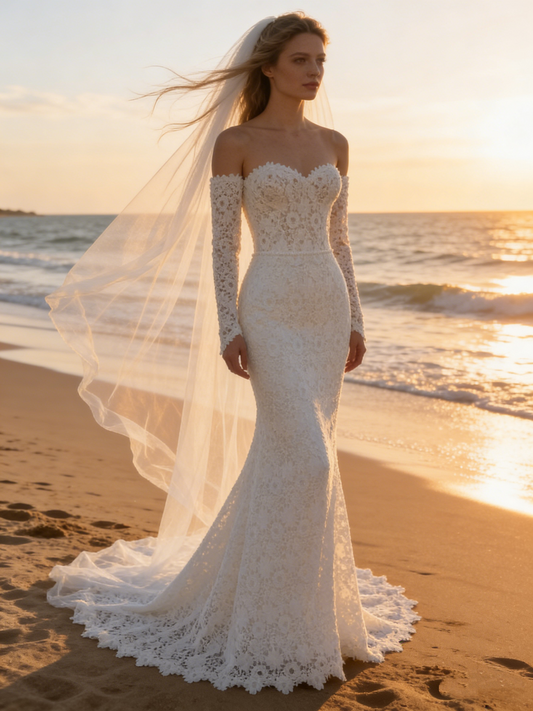CS176 Luxury Off-the-Shoulder Long Sleeve Lace Mermaid Wedding Dress with Scalloped Train