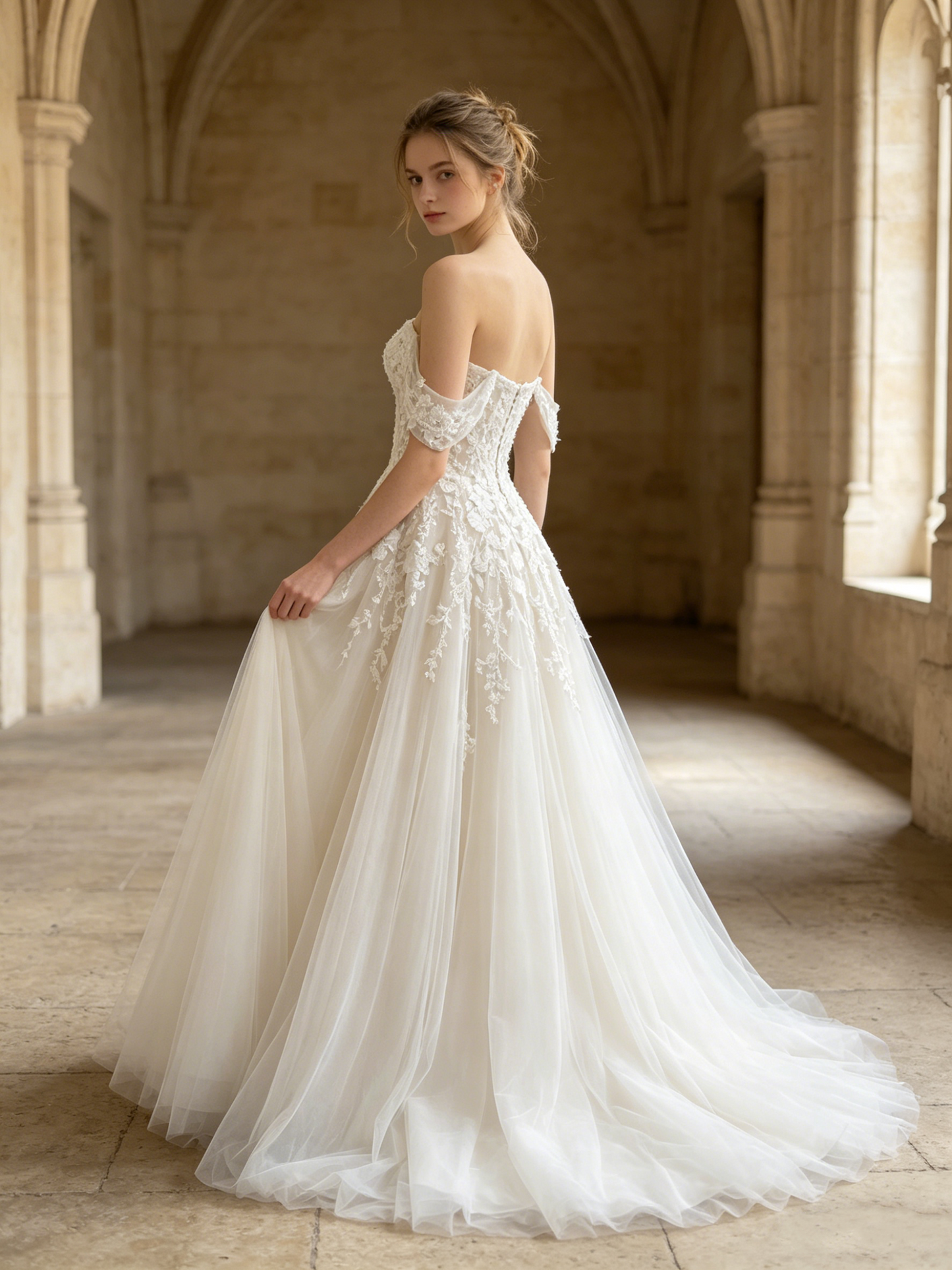 CS309 Romantic Off-the-Shoulder A-Line Wedding Dress with Floral Lace