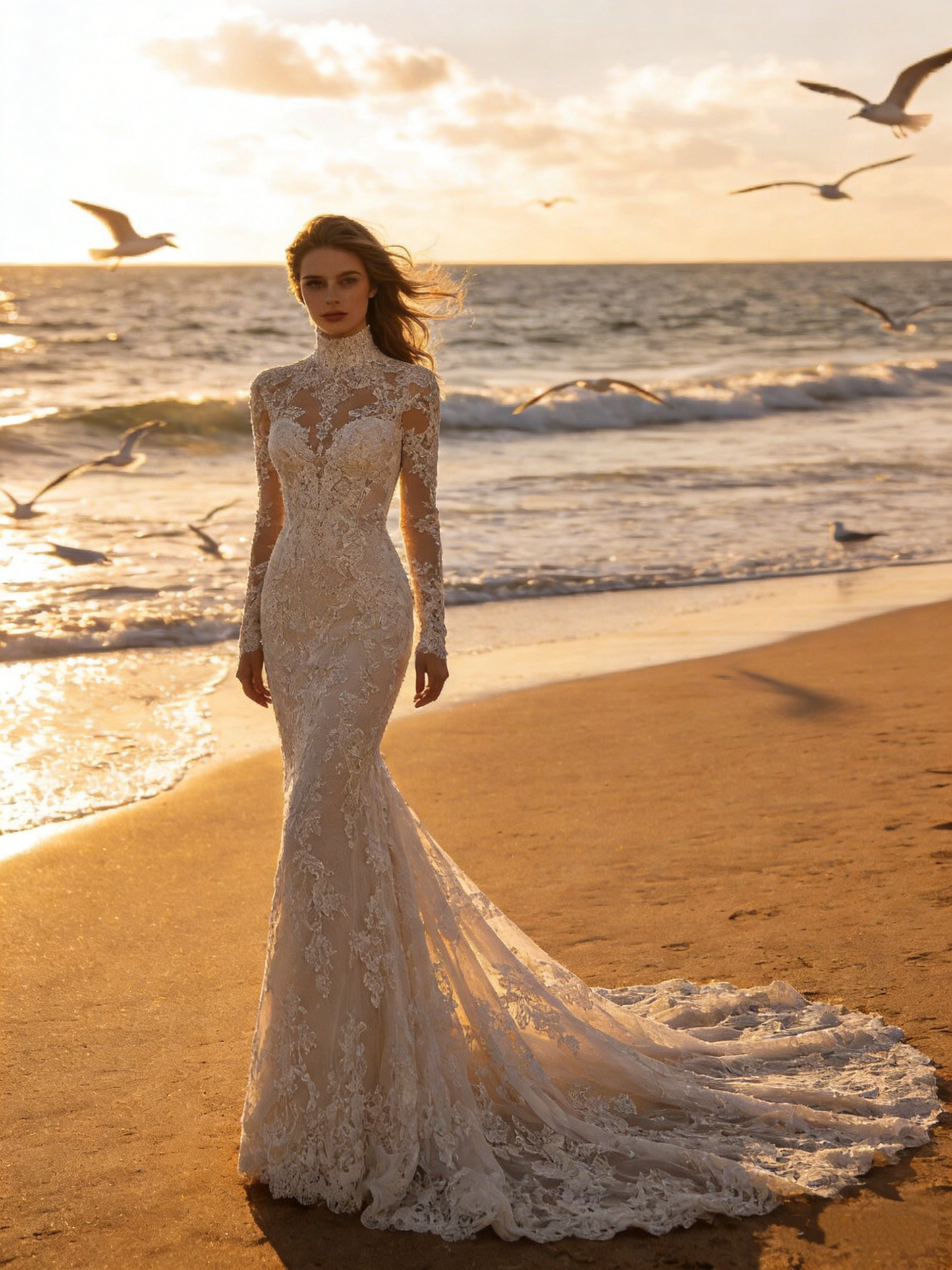 CS191 Luxury High Neck Long Sleeve Lace Mermaid Wedding Dress with Illusion Open Back & Button Detailing