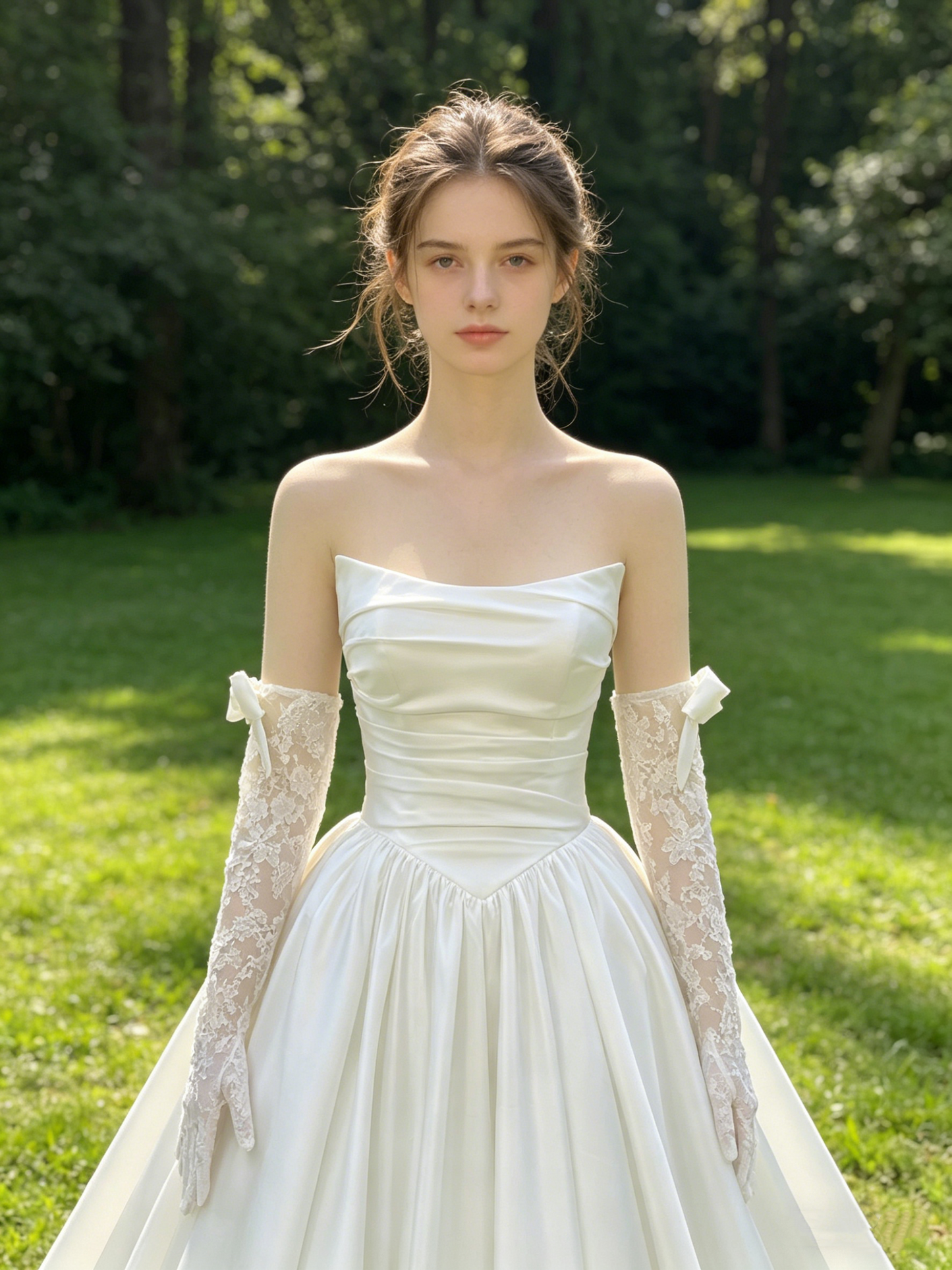 CS354 Strapless Satin A-Line Wedding Dress with Detachable Lace Bow Gloves