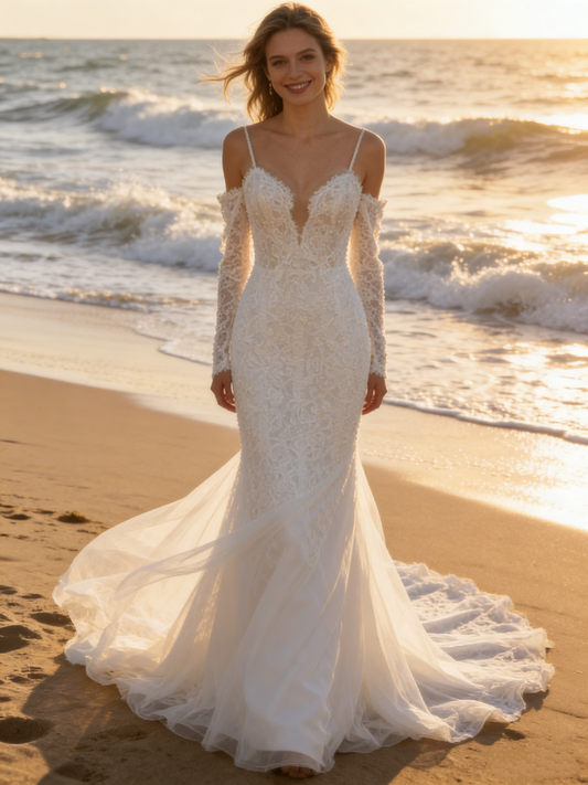 CS208  Luxury Beaded Lace Off-the-Shoulder Mermaid Wedding Dress with Detachable Long Sleeves