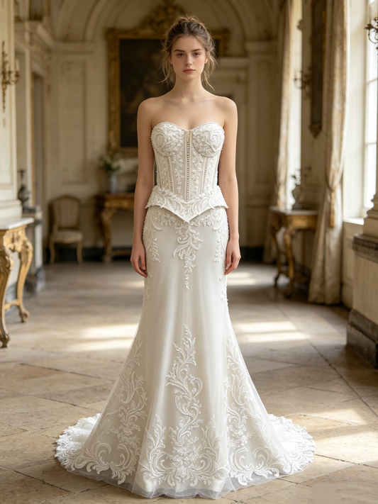 CN346 Beaded Lace Mermaid Wedding Dress with Corset Bodice & Peplum
