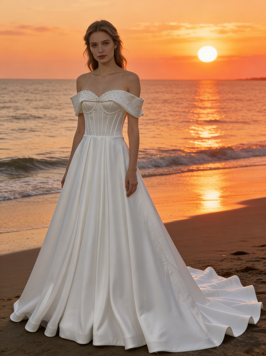 CS237 Elegant Off-the-Shoulder Satin A-Line Wedding Dress with Corset Bodice & Pearl Detailing