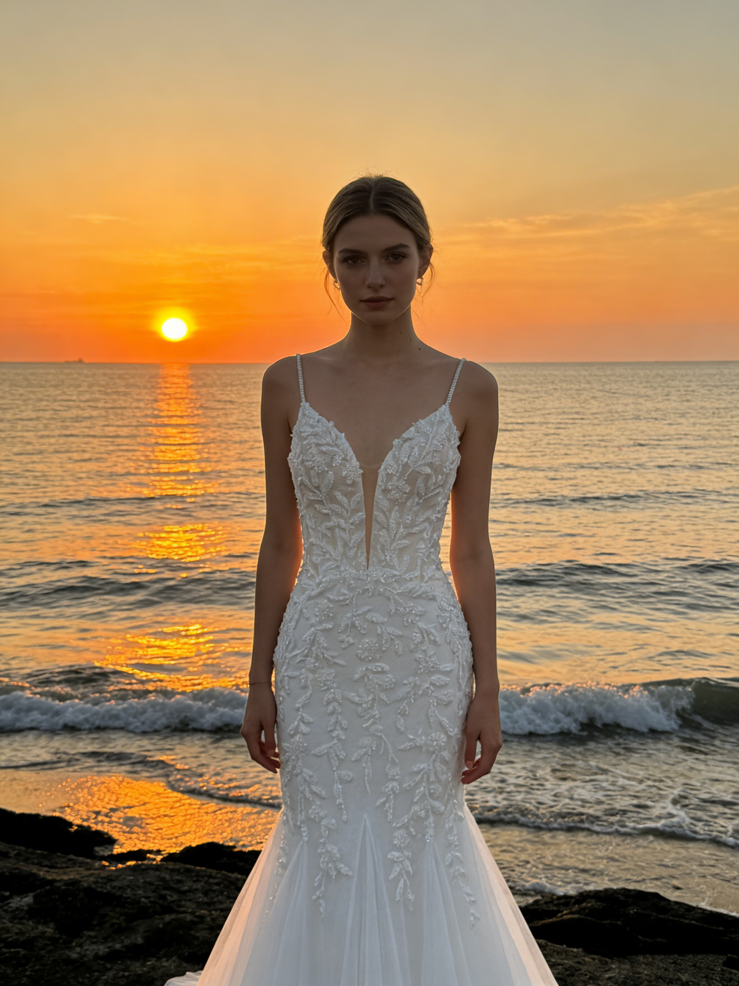 CS257 Elegant Beaded Spaghetti Strap Mermaid Wedding Dress with Illusion Back &amp; Ruffle Train