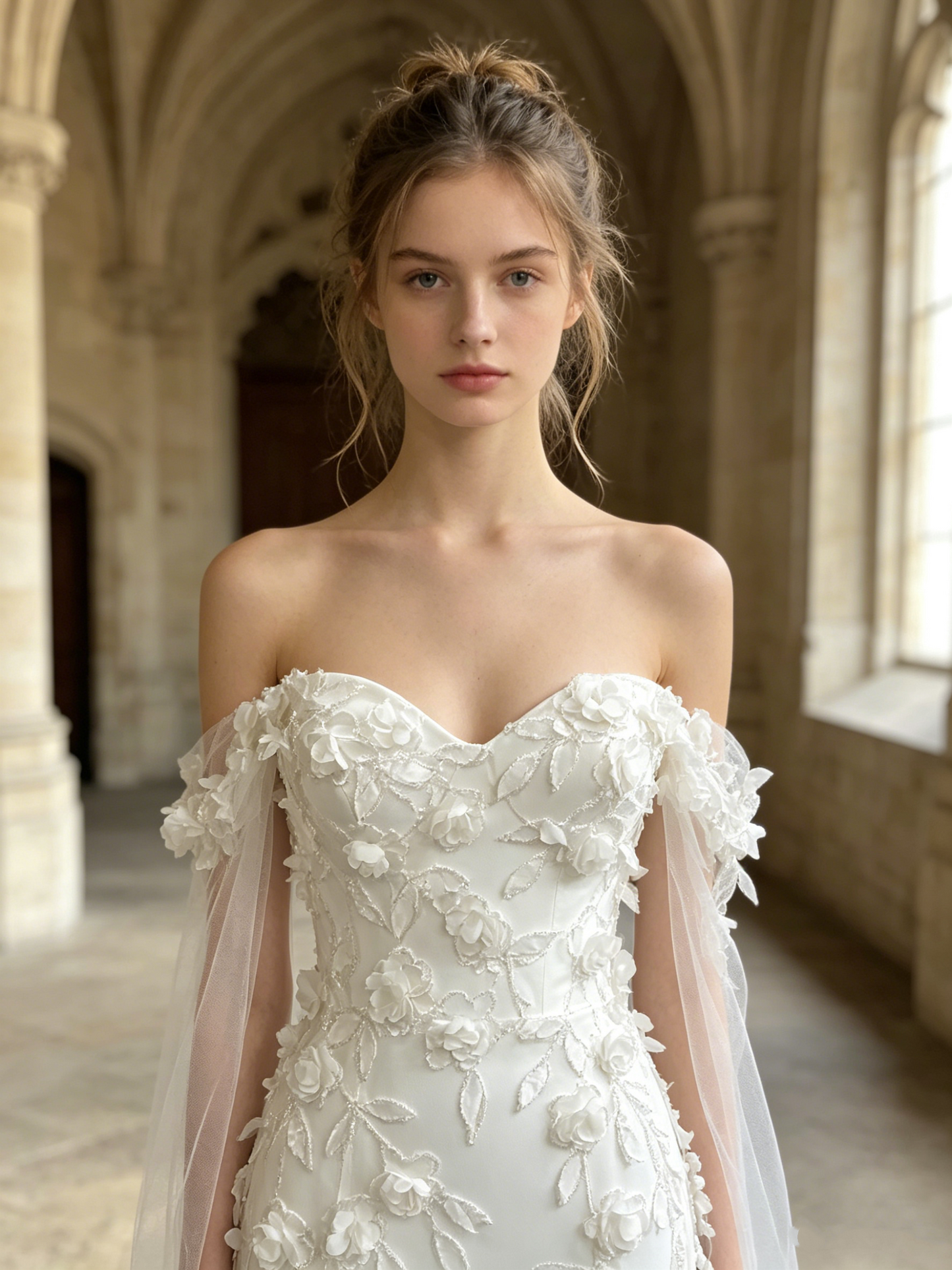 CS384 Off-the-Shoulder 3D Floral Mermaid Wedding Dress with Detachable Sleeves