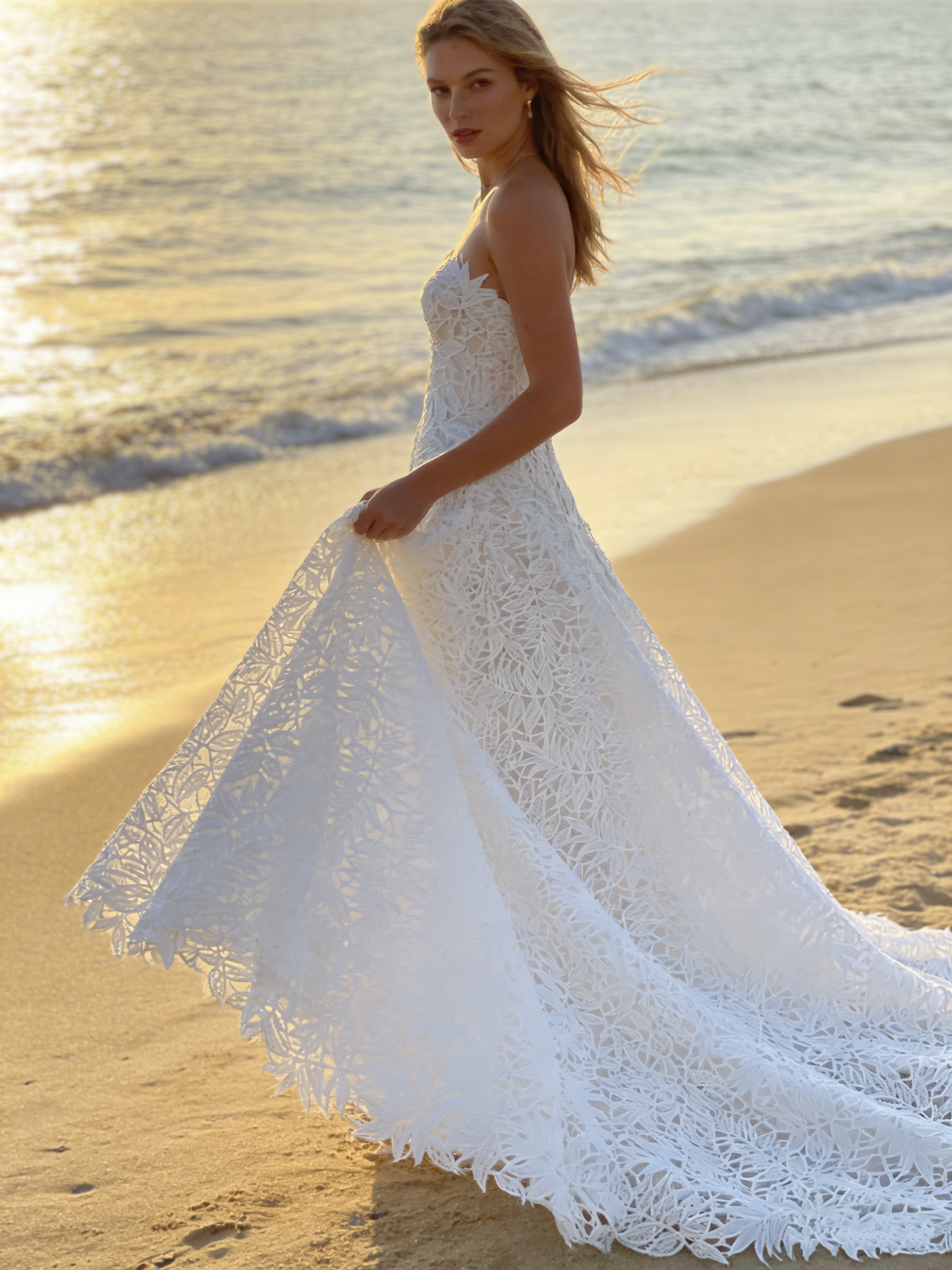 CS186  Tropical Leaf Lace A-Line Wedding Dress with Strapless Sweetheart Neck & Chapel Train