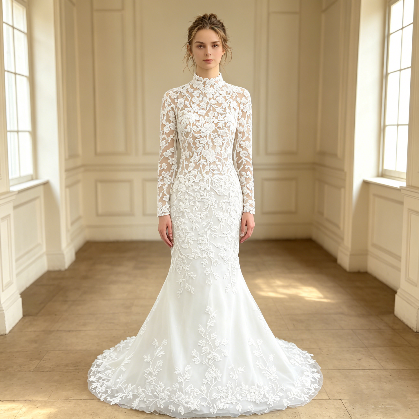 CS305 High-Neck Long-Sleeve Lace Mermaid Wedding Dress with Buttons & Chapel Train