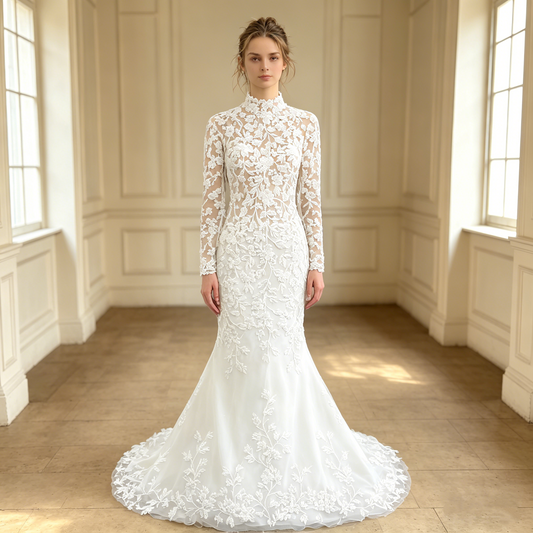 CS305 High-Neck Long-Sleeve Lace Mermaid Wedding Dress with Buttons & Chapel Train