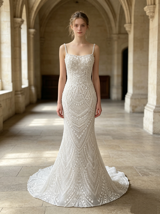 CN352B Beaded Mermaid Wedding Dress with Square Neckline & Pearl Straps