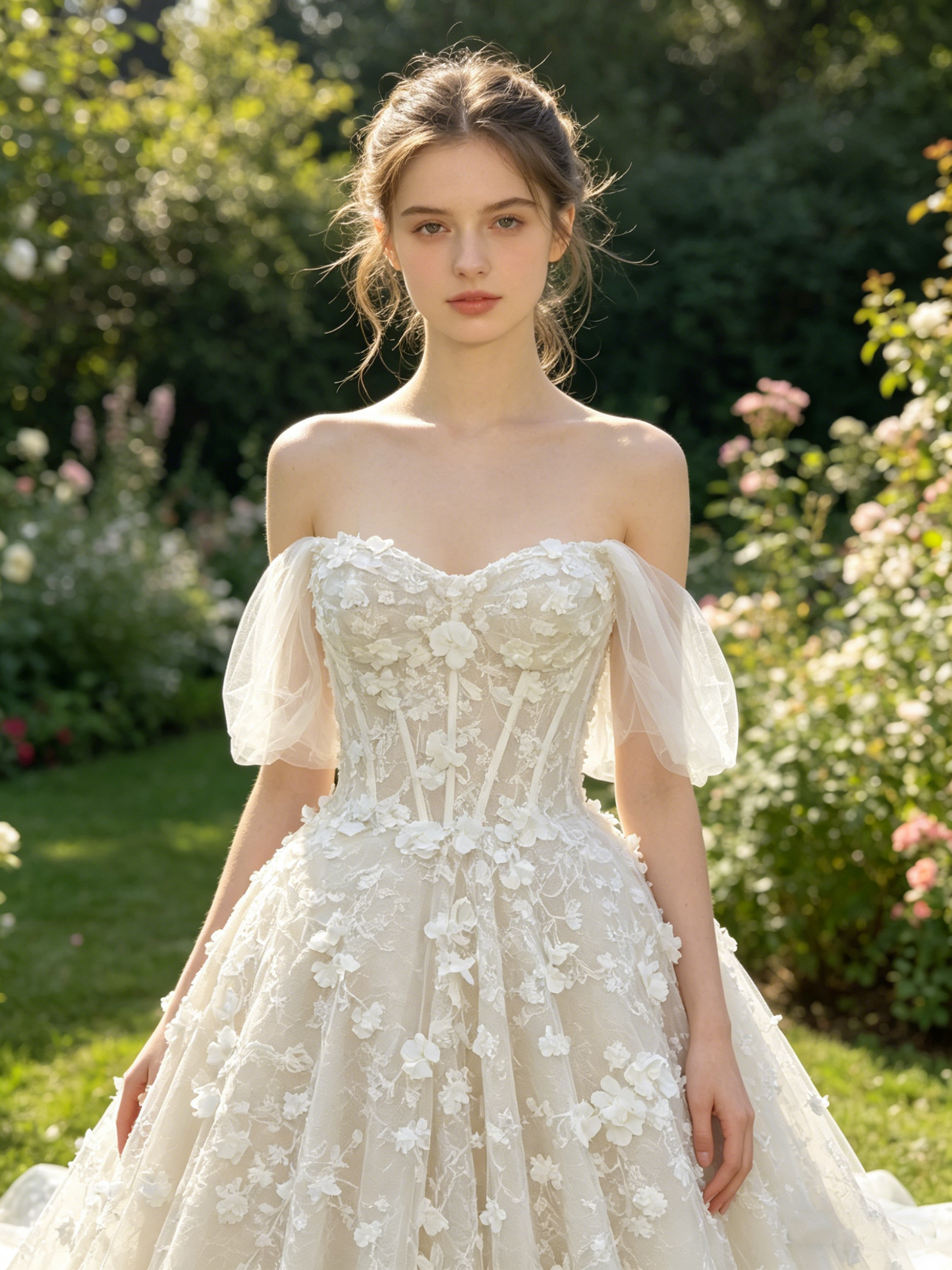 CN305 Off-the-Shoulder 3D Floral Lace Ball Gown Wedding Dress with Corset Bodice