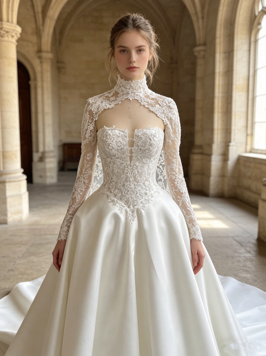 CS418 Strapless Lace & Satin Ball Gown Wedding Dress with Detachable High-Neck Bolero