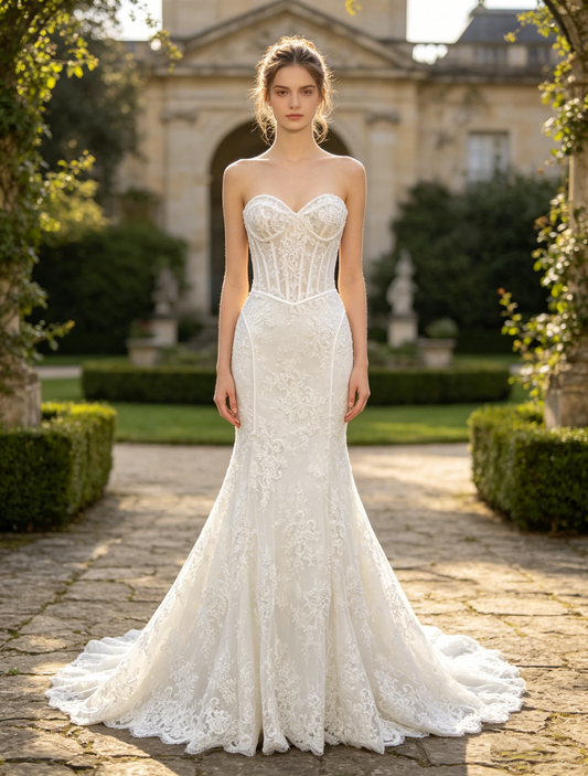 CS381 Strapless Lace Mermaid Wedding Dress with Sheer Corset Bodice