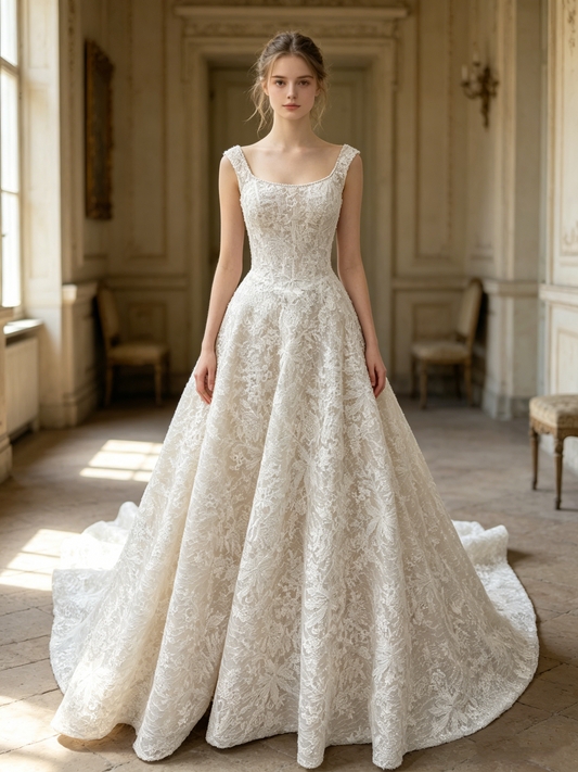 CS428 Scoop Neck Lace A-Line Wedding Dress with Corset Bodice