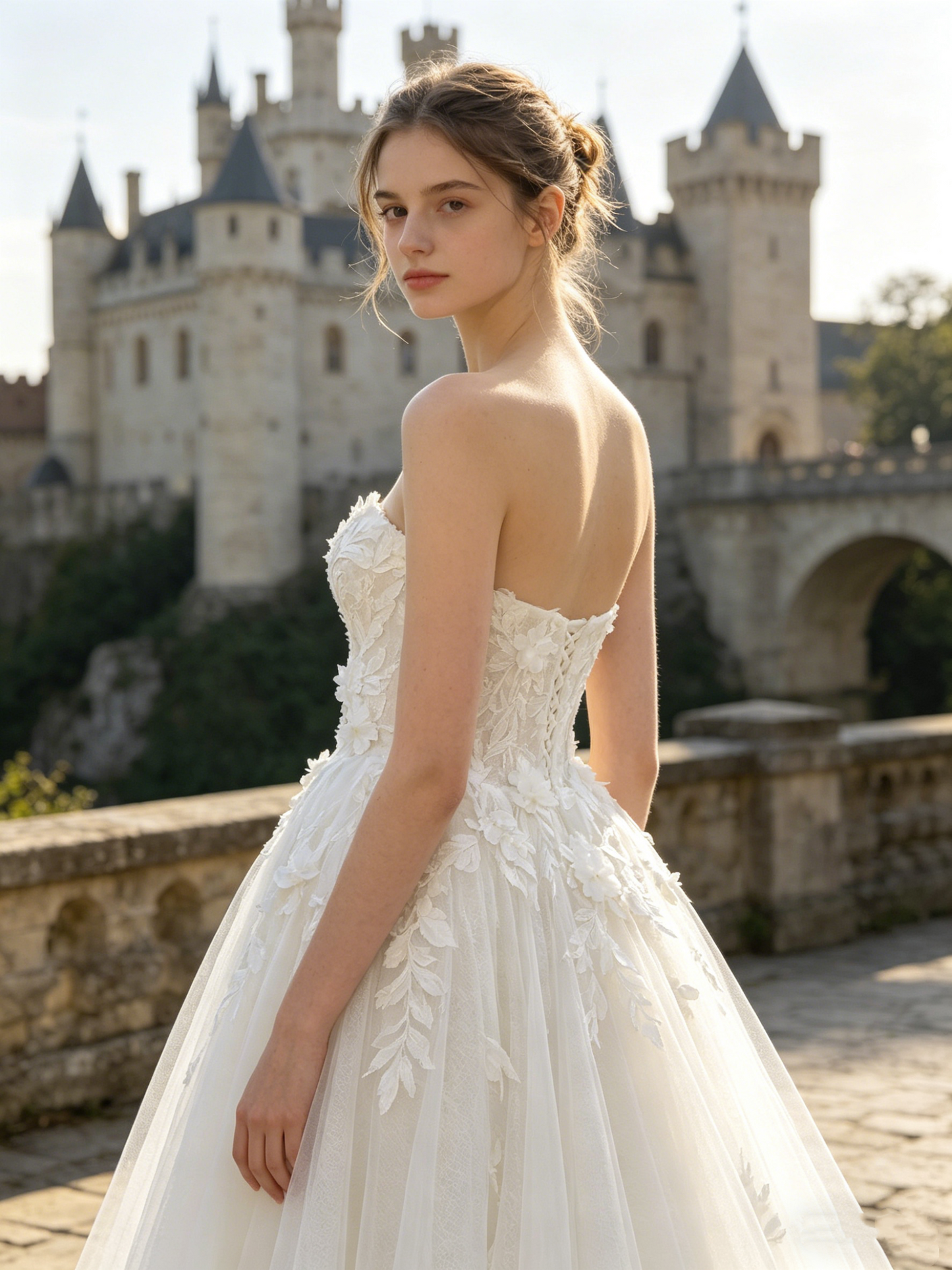 CS355 Strapless 3D Floral Lace A-Line Wedding Dress with Illusion Corset Back