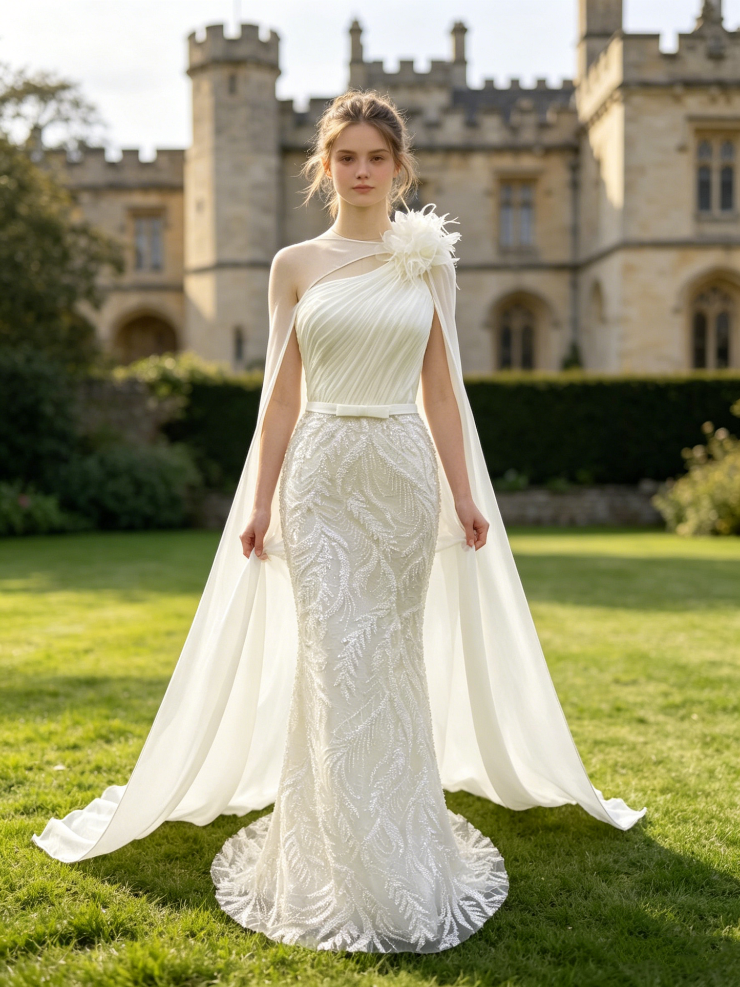 CN337 Elegant One-Shoulder Mermaid Wedding Dress with Detachable Cape & Feather Floral Accent